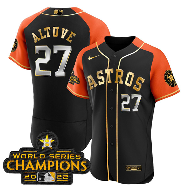 Men's Houston Astros #27 Jose Altuve 2023 Black Gold V2 Alternate Flex Base Stitched Baseball Jersey Men's Houston Astros #27 Jose Altuve 2023 Black Gold V2 Alternate Flex Base Stitched Baseball Jersey